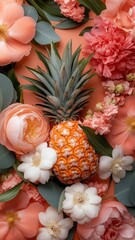 Pineapple surrounded by luxurious, colorful flowers in an opulent setting.