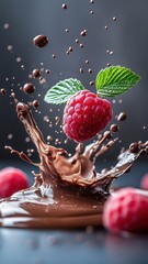 Raspberry splashing into rich chocolate, with high-detail droplets captured.