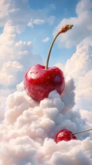 Cherry floating among fluffy clouds with soft, golden sunlight.
