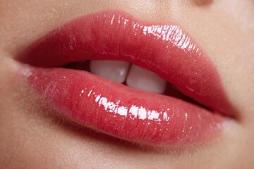 Closeup of beautiful female lips showcasing bright lipgloss with a smooth and glossy finish, highlighting natural beauty and vibrant color in a soft lighting environment