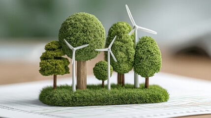 Model of a wind turbine and trees representing eco-friendly investment strategy for sustainable energy solutions