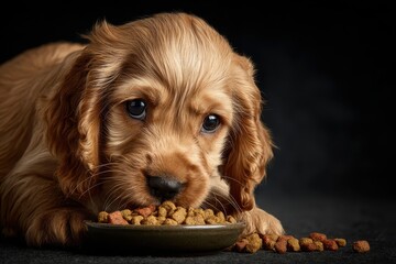 English cocker spaniel puppy enjoys meal of dog food while lying on dark surface, capturing a moment of playful delight and curiosity