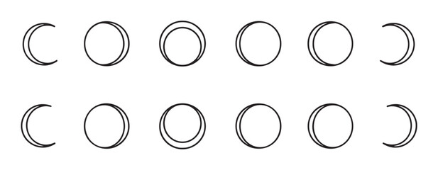 Minimalist moon phase icon set showing the lunar cycle from waxing to waning crescent in a clean, modern black and white line art vector illustration