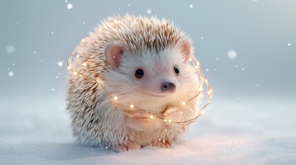 A hedgehog holding glowing lights highlights winter holiday themes, animal gifting concepts, children's illustration, festive branding, and seasonal marketing. Image fits greeting cards, retail