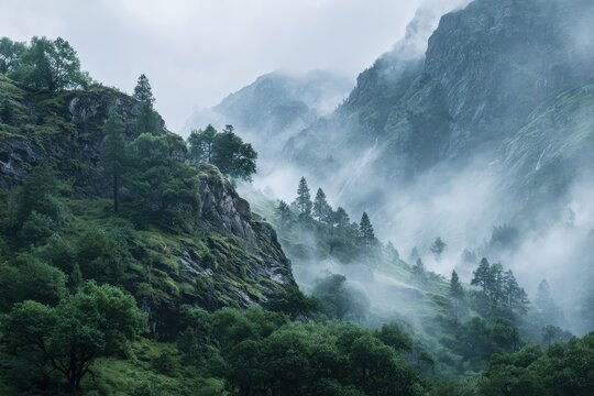 Morning mist envelops majestic mountains and lush greenery in a breathtaking natural landscape perfect for travel enthusiasts