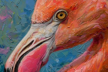 Close up of an impasto oil painting showcasing a flamingo, capturing the vibrant colors and textures of its plumage with thick, visible brushstrokes