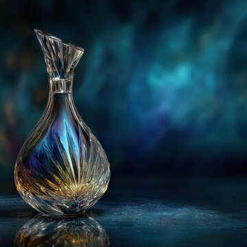 A detailed close up of a clear crystal decanter with intricate facets, displaying vibrant reflections of golden and blue light against a shimmering wet surface and a softly blurred teal background.