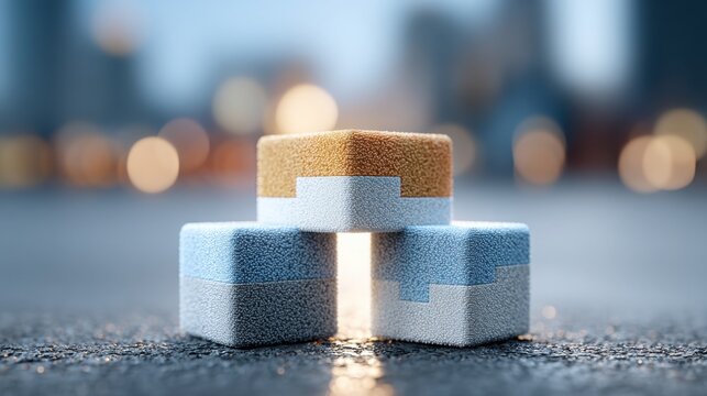 Three blocks of foam representing economic block icon concept for regional group and geometric structural design