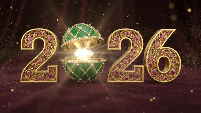 Luxury animated 2026 New Year greeting with opening jeweled egg revealing diamond. Sparkling digital celebration sequence for upcoming year festivities.
