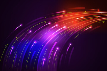 Abstract flowing streaks of vibrant purple and orange light trails against a dark background representing technology and energy
