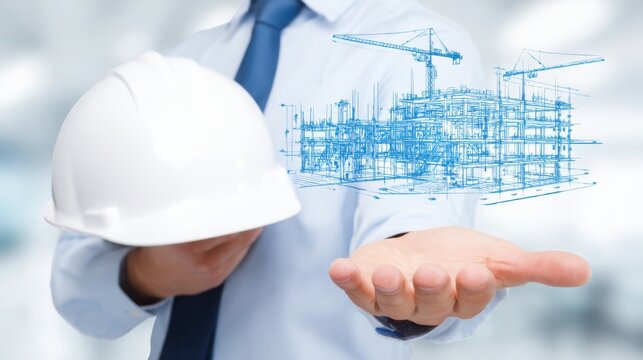 Man in hard hat holding blueprint of building illustrating economic resilience and architectural planning in construction