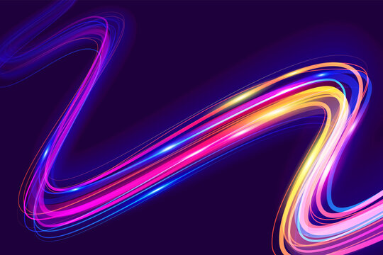 Vibrant abstract light trails in neon pink purple and yellow swirl across a dark background creating a dynamic energetic futuristic motion effect