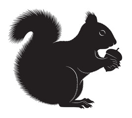 Obraz premium Black squirrel silhouette illustration holding an acorn in its paws with detailed fur and a bushy tail, depicted in a simple graphic style from a side view perspective