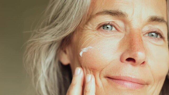 Smiling mature woman touches skin near eye in soft natural light conveying healthy aging skincare routine self care and positive body image