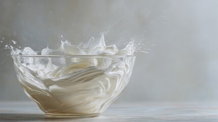 Glass bowl filled with a creamy white substance, which appears to be whipped cream. the bowl is placed on a wooden surface, and the background is blurred, making the bowl the focal point of the image.