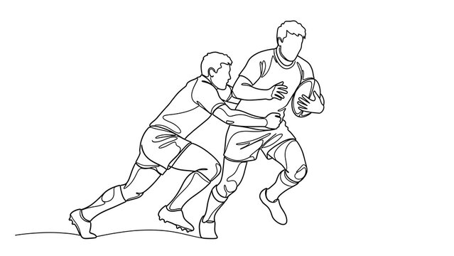 One line art continuous line drawing illustration of two rugby players engaged in a tackle during a match, isolated on white background