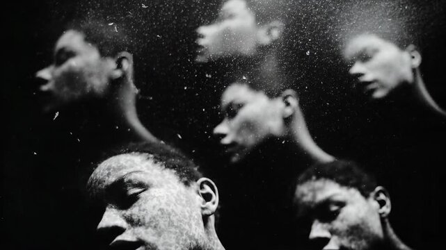 Dramatic black and white portrait of man reflected multiple times in fogged glass expressing inner conflict mental health struggle and haunting emotional introspection