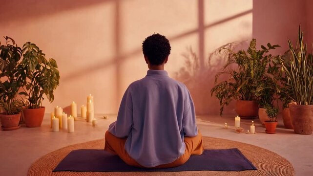 Person sits cross legged on yoga mat in warm sunlit room with candles and plants practicing meditation mindfulness and peaceful self care routine