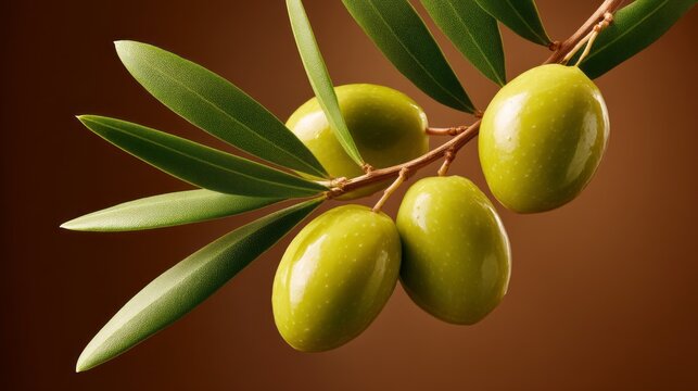Juicy green olives dangle gracefully from their branch, illuminated by soft light for a fresh and vibrant look. The leaves add elegance, enhancing nature's beauty - Powered by Adobe