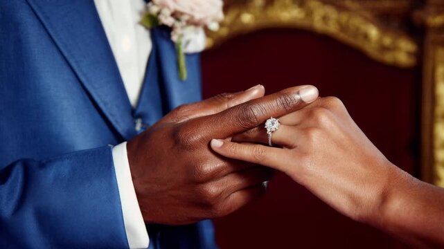 Groom gently places wedding ring on bride finger in elegant ceremony moment symbolizing love commitment marriage and romantic union