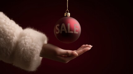 Red holiday sale ornament positioned for retail promotion and seasonal discount advertising. Strong commercial relevance for Christmas sales, marketing banners and winter retail campaigns