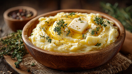 Creamy mashed potatoes served in a rustic wooden bowl, topped with melting butter, fresh thyme, and cracked black pepper for a warm, comforting homemade dish.