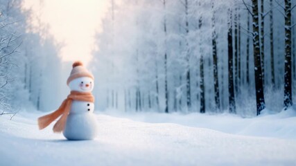 Small snowman with orange scarf stands alone on soft snow in misty forest creating dreamy peaceful winter atmosphere perfect for holiday greeting projects - Powered by Adobe