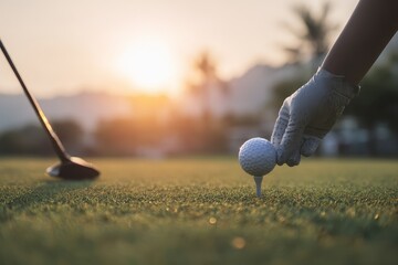 Hand of Asian woman placing golf ball on tee during sunset on lush green golf course with palm trees in the background, capturing the essence of a serene golfing experience