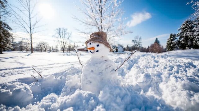 Snowman stands in bright snowy field under blue sky surrounded by trees and sparkling drifts capturing joyful family winter fun and holiday vacation atmosphere