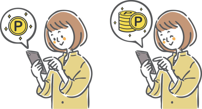 スマホでポイ活をする女性　ベクター
