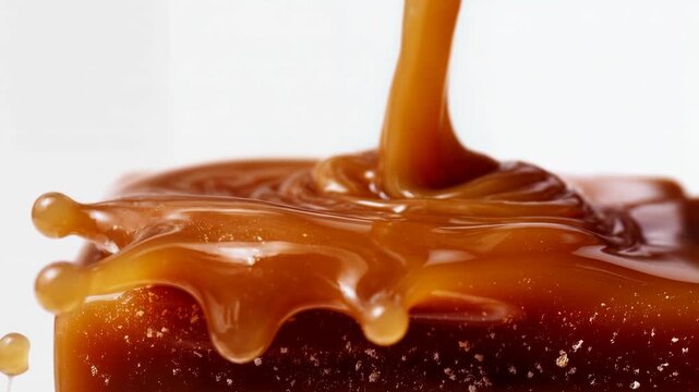 Golden caramel sauce pours slowly over square candy piece in delicious closeup highlighting sweet dessert indulgence food advertising and tempting confectionery texture