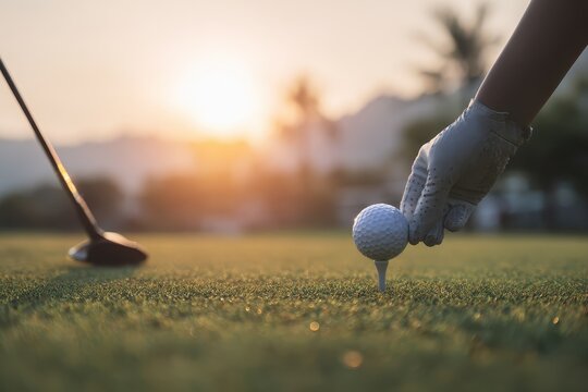 Hand of Asian woman placing golf ball on tee during sunset on lush green golf course with palm trees in the background, capturing the essence of a serene golfing experience