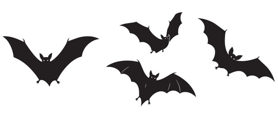 Naklejka premium Four black bat silhouettes in flight, a collection of spooky Halloween vector icons with glowing eyes and spread wings, representing horror, fear, and nocturnal creatures