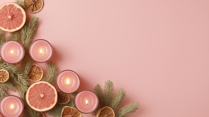Candles with citrus and pine elements emphasize holiday decoration, seasonal retail campaigns, copy space for text, gifting commerce. Christmas materials, home scent branding