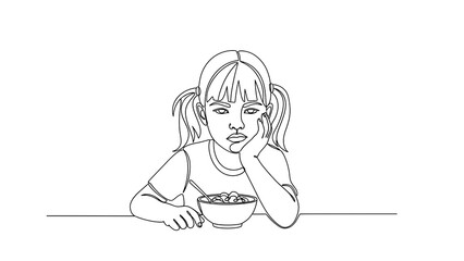 One line art line art drawing of a young girl with pigtails looking bored or sad while resting her head on her hand at a table with a bowl of food, isolated on white background