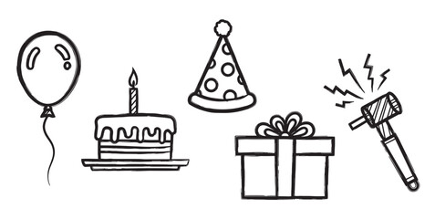 Naklejka premium Hand drawn birthday party icons set featuring a cake with candle, balloon, gift box, polka dot hat, and noisemaker in a simple black and white doodle sketch illustration style