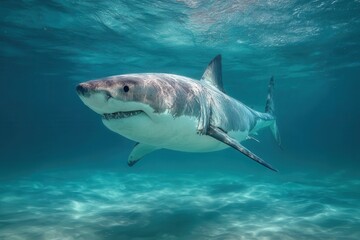 Fototapeta premium Swimming great white shark gliding through clear blue waters in a sunlit ocean environment