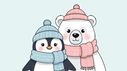Cute Winter Penguin and Polar Bear Mascots Christmas Season Vector