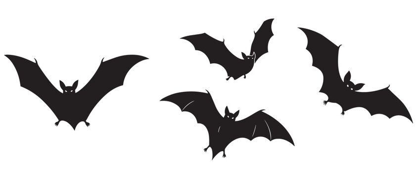 Four black bat silhouettes in flight, a collection of spooky Halloween vector icons with glowing eyes and spread wings, representing horror, fear, and nocturnal creatures