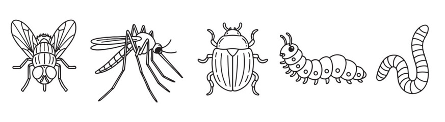 Set of five hand-drawn insects and invertebrates including a fly, mosquito, beetle, caterpillar, and worm in a simple black and white line art doodle style illustration