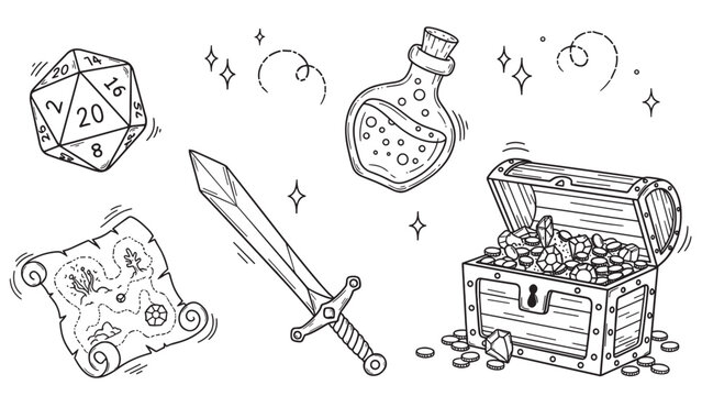 Hand-drawn fantasy role-playing game elements with a treasure chest, d20 die, magic potion, ancient map, and a sword in a simple black line art illustration style