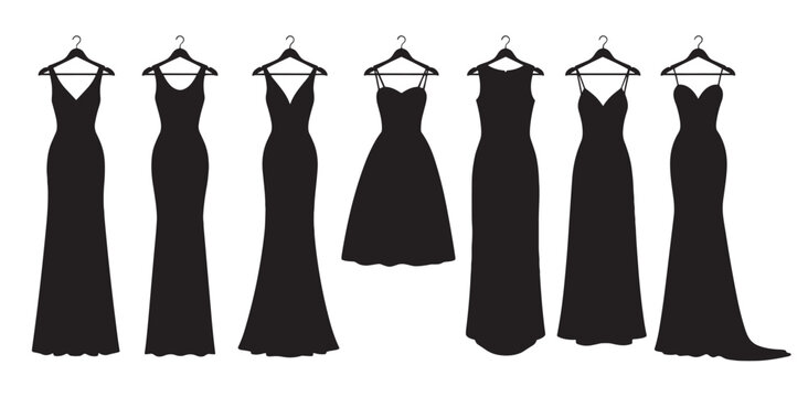 Seven elegant black formal dress silhouettes on hangers present a variety of classic and modern styles for a special occasion, party, or gala with different necklines
