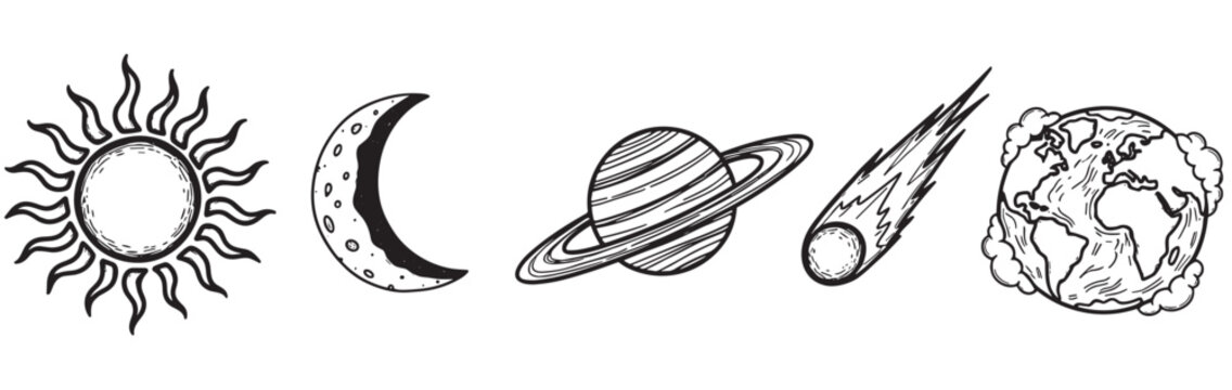 Set of hand-drawn celestial objects including a sun, moon, planet, comet, and Earth in a black and white sketch style illustration for astronomy and astrology concepts