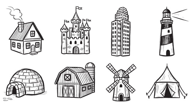 Collection of hand-drawn building icons featuring a house, castle, skyscraper, lighthouse, igloo, barn, windmill, and tent in a black and white sketch doodle style