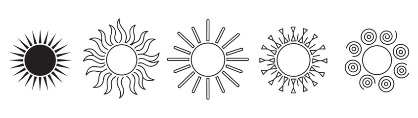 Obraz premium Set of five black sun icons in various graphic styles, including a solid silhouette, line art, and abstract designs with wavy, geometric, and spiral rays for creative projects