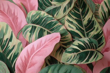 Decorative green and pink wallpaper showcasing a vibrant display of lush tropical leaves in an artistic arrangement, perfect for enhancing any interior space