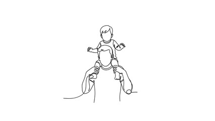 Fototapeta premium One line art minimalist one line drawing depicting a small child sitting happily on an adults shoulders, isolated on white background