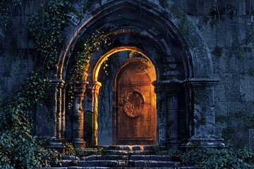 Naklejka premium Ancient stone archway with a glowing wooden door, surrounded by lush vegetation at night, creates a mysterious and enchanting atmosphere