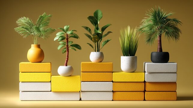 Pile of blocks surrounded by lush green plants symbolizing employee development tracker icon concept dashboard monitor