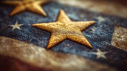 Close-up view of textured golden stars on a weathered American flag with deep blue and faded red tones